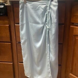 Satin Drawstring Side-Ruched Medium Midi Skirt - Light Sage Spring Summer